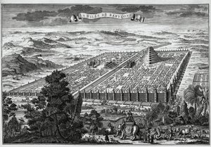 Babylons stadsmur som omger de hängande trädgårdarna och Babels torn - av Unknown artist