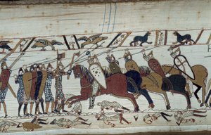 Erövringen av England av hertigen av Normandie Vilhelm Erövraren (1027-1087) 1066: scen för slaget vid Hastings där det normandiska infanteriet ställs mot det sachsiska kavalleriet. Detalj av gobelängen av Bayeux eller broderi av drottning Mathilde av Unknown artist