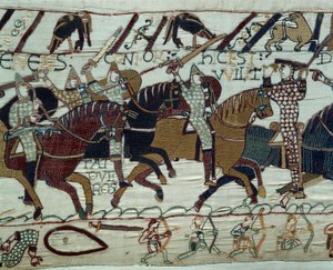 Englands erövring av armén av hertigen av Normandie Vilhelm Erövraren (1027-1087): Hertig Guillaume erkänns av sina soldater genom att lyfta sin hjälm under slaget vid Hastings. Detail of the Tapestry of Bayeux eller Broderi av drottning Mathild av Unknown artist