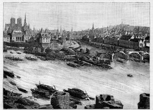 Byggandet av Pont Neuf i Paris passerar genom Square du Vert-Galant i slutet av Ile de la Cite. De första verken 1578. Gravyr i "" Le Monde illustrious"" av Unknown artist