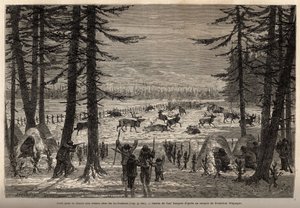 Korallen för renjakt i Co-Yukon (co-Yukon eller co-Youkouk) (indiansk stam i extrema norra Kanada). Gravyr för att illustrera resan och äventyren i engelska Colombia, Vancouver Island och Alaska, av Frederick Whymper av Unknown artist