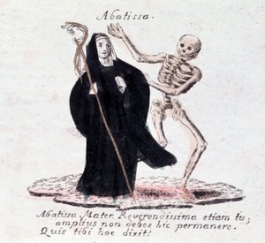 Dödsdansen, abbedissan och ett skelett (Tryck) av Unknown artist