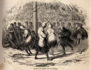 Dansen av bayenten, eller djävulens dans, bland Yahua-indianerna i Peru, organiserad för att hedra månen, äger rum varje år i en hydda uppställd mitt i skogen; efter ceremonin bränns hydda, flöjter och trummor försiktigt. Gravera av Unknown artist