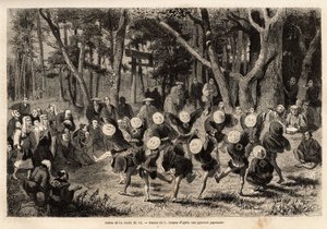 Risrundans dans, som äger rum den 10:e månaden på året, relaterar till spannmålsgrödor. Gravyr för att illustrera resan till Japan, av Aime Humbert, minister för Schweiziska edsförbundet, 1863-1864, publicerad i "" le tour du monde", und av Unknown artist
