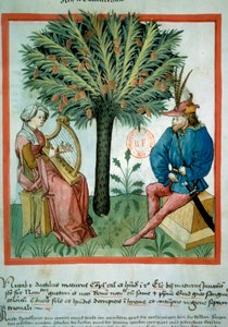 Datummakaren. En kvinna spelar lyra framför en man som lyssnar på musik. I bakgrunden en palm som det växer dadlar på. Belysning från handeln med medicin och dietet (ms. lat. 9333) "" Tacuinum sanitatis""" efter handeln med medicin "" Kitab av Unknown artist