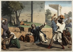 Sankt Stefans död: Sankt Stefan stenad av judarna anses vara den första kristna martyren. Anonym gravyr från mitten av 1800-talet. av Unknown artist