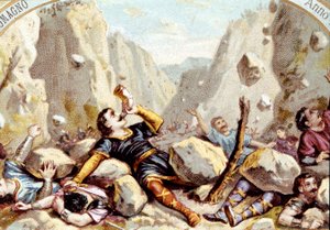 Riddaren Rolands död, brorson till Karl den Store, i slaget vid Roncesvaux, 778. kromolitografi omkring 1900. av Unknown artist