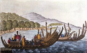 Avdelningen för polynesier för Stilla havet ombord på kanoter med dubbelskrov. Litografi från början av 1800-talet av Unknown artist