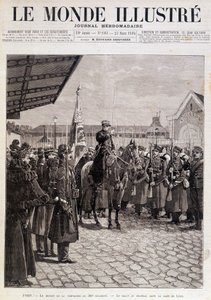 Avgången för kompaniet av 200:e regementet. Hälsning till flaggan i Gare de Lyon. ""Den illustrerade världen"". 1895-03-23. Teckning. av Unknown artist