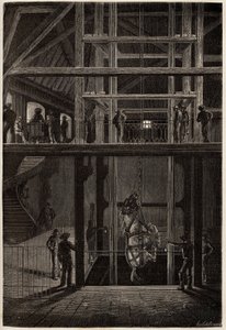 Nedstigningen av en häst i Creusot-gruvorna, använd i underjordiska tunnlar för transport av kolvagnar. Gravyr för att illustrera en resa till Creusot och gruvorna i Saone och Loire, 1865, av L. Simonin, i "" Le tour du monde, nouveau journal des av Unknown artist