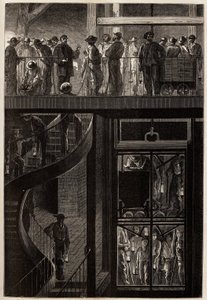 Nedstigningen av gruvarbetare (män, kvinnor och barn) genom hissburen till de underjordiska gallerierna i Creusot-kolgruvorna. Gravyr för att illustrera en resa till Creusot och gruvorna i Saone och Loire, 1865, av L. Simonin, i "" Le tour du m av Unknown artist
