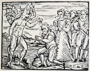 Djävulen döper män och kvinnor i bön - gravyr av Unknown artist