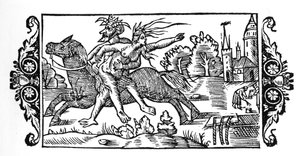 Djävulen bär en häxa - i "History of the Northern Nations" av Olaus Magnus, Rom 1555 av Unknown artist