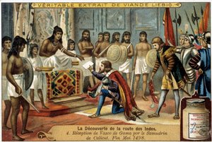Upptäckten av Indiens rutt: Mottagande av Vasco da Gama av Samudrin av Calicut, slutet av maj 1498 - reklamvinjett Liébig av Unknown artist