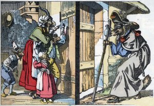 Förklädnadsvargen knackar på dörren till huset med bocken och biketterna. Illustration av berättelsen "Compere le Loup, Maitre Renard, Comere la Chevre et ses petits biquets"" efter en fabel av Jean de la Fontaine. I "" Sagor från hemmet för de små av Unknown artist
