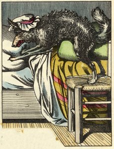 Utklädningsvargen tar mormors plats i sängen. Illustration av berättelsen "Rödluvan" av Charles Perrault av Unknown artist