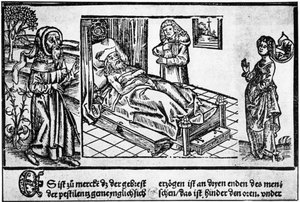 Pestiferens läkare i sängen, trägravyr av "Liber pestilentialis" av Jérôme Brunschwig, Strasbourg av Unknown artist
