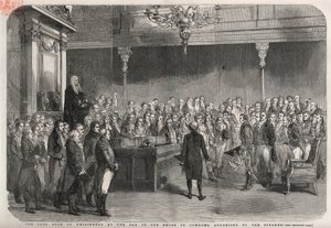 Hertigen av Wellington (Arthur Wellesley (1769-1852) (hertig av Wellington) står vid baren i underhuset för att ta emot talmannens gratulationer till sin seger vid Vimeiro, halvönskriget av Unknown artist