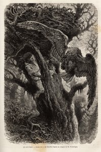 Örnen skyddar sitt bo från inkräktaren. Gravyr för att illustrera berättelsen Quatre mois en Florida, av M. Pousselgue, 1851-1852, publicerad i "" le tour du monde", under ledning av D