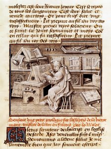 Den kyrkliga, kopisten och översättaren Jean Mielot (död 1472) representerar arbetet på sin kontorssida av ett 1400-talsmanuskript. Paris, B.N. av Unknown artist