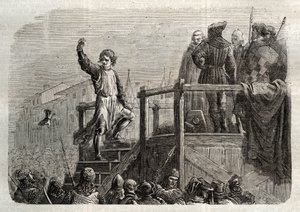 Avrättningen av Conradin (eller Conrad av Hohenstaufen) kung av Sicilien och hertig av Schwaben (1252-1268) på order av Karl av Anjou efter slaget vid Tagliacozzo 1268” (Avrättning av Conradin (eller Conrad den yngre), sista Staufer kung av Sicilien, efter av Unknown artist