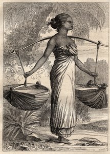 Expeditionen runt om i världen (1790-1792) av kapten Etienne Marchand (1755-1793): vattenbärare i Timor (Östtimor, Indonesien) -illustration hämtad från "The Great Mariners of the 18th century"" av Unknown artist