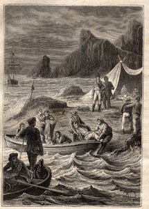 Expeditionen till de södra länderna (1800-1803) av Nicolas Baudin (1754-1803): de sjuka av skörbjugg transporterades i land i Bay of Adventure (Tasmanien, Australien) - illustration hämtad från "The Great Mariners of the 18th century" ” av Unknown artist