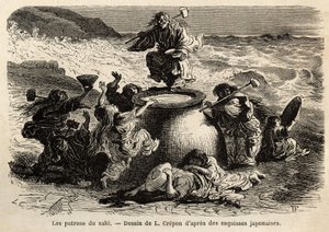 Familjen till uppfinnarna av sake, som består av föräldrar och deras åtta barn, kollektiva chefer för bryggeri, de bor vid kusten av det stora havet, bär ett bälte av eklöv och ett långt rödhårigt hår som täcker dem upp till höfterna, armar av skålar och av Unknown artist