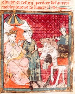 Riddaren Rolands farväl, till hans farbror Karl den Store (742-814) Miniatyr från "" Grandes Chronicles de France"" 1375-1379 Stadsbibliotek, Castres av Unknown artist