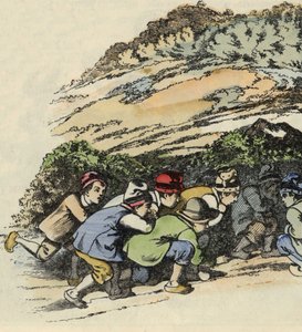 Den lilla Poucets feres gömmer sig i en ihålig sten för att undkomma ogren. Illustration av berättelsen "" Le Pepetit Poucet"" av Charles Perrault av Unknown artist