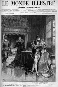 Den sista kvartetten, den andra målningen av fjärde akten som utspelar sig i rummet på slottet Kimbolt. Scen av operan Henry VIII av Camille Saint Saens (Saint-Saens) representerad på den nationella musikhögskolan den 5 mars av Unknown artist