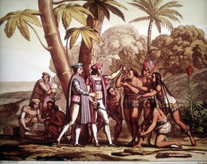 De första indianerna som visade sig för Christopher Columbus vid hans ankomst till Amerika, - i "" Den gamla och moderna kostymen"" av Jules Ferrario av Unknown artist