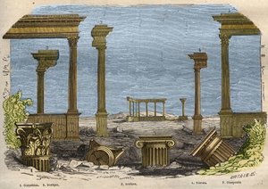 De fem orden av klassisk (uråldrig) arkitektur: korintisk, dorisk, jonisk, toskansk och komposit, var och en representerad av en kolumn. Gravyr från 1857 i "" Le Musee Des Sciences"" av Unknown artist