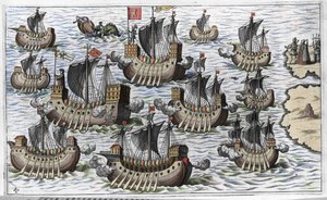 Christopher Columbus (Cristoforo Colombo) flotta för att erövra den nya världen - i "New Tipus After the Voyage of the New World" av Philoponus Honorius av Unknown artist