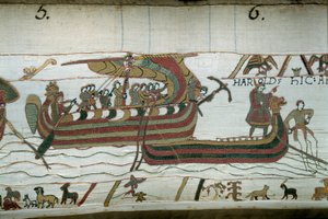 Harolds flotta, som kom för att informera hertigen av Normandie Vilhelm Erövraren (1027-1087) att han kommer att bli efterträdare till Englands krona vid Edoaurd Bekännarens död, fångas i det storm som kastar den på kusterna av greve Guy de P av Unknown artist