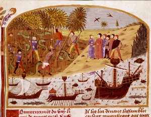 Flottan av kung Alexander den store miniatyren hämtad från "" Boken om Alexander den stores fakta"" av Quintus Curtius Rufus (Quinte Curce) (1:a århundradet), omkring 1468 - (Ms 1335) Reims, Stadsbiblioteket av Unknown artist