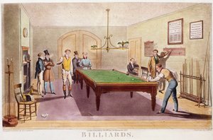 Spelet biljard. Gentilmän från det höga engelska samhället spelar biljard. Gravyr från 1827. Privat samling av Unknown artist