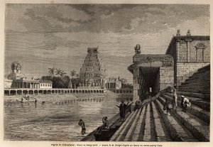 Den ghaut eller heliga damm av Chillambaran Pagoda, belägen vid Bengaliska viken, nära Pondichery (Pondicherry) (Indien); några fideles går ner för den monumentala trappan för att ta ett bad eller utföra rengöringstvättningar. Gravyr för att illustrera en  av Unknown artist