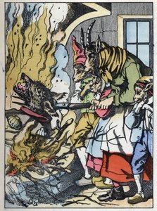 Geten dödar vargen i skorstenen. Illustration av berättelsen "Compere le Loup, Maitre Renard, Comere la Chevre et ses petits biquets"" efter en fabel av Jean de la Fontaine. I "" Sagor från hemmet för de minsta"". Anonym gravyr av 19t av Unknown artist