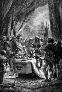 Guvernören placerade nycklarna till Chateauneuf de Randon på kistan till Bertrand Du Guesclin (1320 - 1380), en bretonsk krigsman och en fransk patriot mot engelsmännen. Gravyr av 1800-talet. av Unknown artist