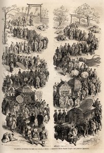 Den storslagna processionen av Mikado (kejsaren av Japan), vid dairi, det gamla kejserliga slottet Heian-kyo (Heian Kyo, nuvarande Kyoto) från 794 till 1869. Gravyr för att illustrera resan till Japan 1863-1864, av Aime Humbert, schweizisk minister av Unknown artist