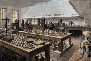 Det stora laboratoriet för Louis Pasteur (1822-1895), fransk kemist och biolog, vid Ecole Normale Superieure - Louis Pasteur i hans laboratorium på Ecole Normale Superieure - Gravyr av Meyer 1884 av Unknown artist