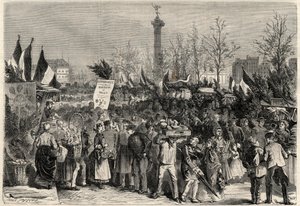 Skinkmässan, Boulevard Bourdon i 4:e arrondissementet i Paris nära Place de la Bastille. En skylt annonserar mulletkött (Hyperphagia). Gravyr i "The Universe illustrious" av Unknown artist