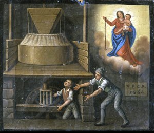 En ung arbetares hand är fångad i en kvarnsten. av Unknown artist
