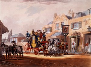 Häststafetten av en flit under ett stopp på ett värdshus. Tryck från 1800-talets privata samling av Unknown artist