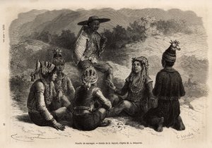 Urbefolkningen i Xieng Hong (Laos), klädda i traditionella dräkter, över sin jacka, pryder en sammetskista med beslag, med en kjol eller korta byxor kompletta med en liten keps. Gravyr för att illustrera upptäcktsfärden i Indokina, f av Unknown artist