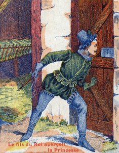 Kungasonen såg prinsessan. Illustration till berättelsen "" Åsneskinn" av Charles Perrault (1628-1703), fransk författare. Bildmaterial Marcel Vagne, Jarville Nancy, odaterat (slutet av 1800-talet). av Unknown artist