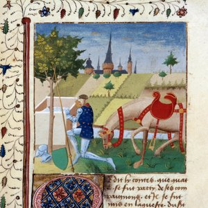 Riddaren av det runda bordet Gauvain (eller Gawain), brorson till kung Arthur nära en fontän. Miniatyr från manuskriptet "The novel of the Quete of the Grail"" 1450-1460 Dijon, Stadsbiblioteket av Unknown artist