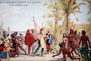 Christopher Columbus landstigning i San Salvador (Bahamas) den 12/10/1492. kromolitografi 1800-talet. av Unknown artist
