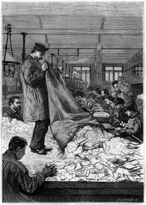De stora bokstäverna i sorteringscentralerna på Hotel des Postes på Rue du Louvren i Paris. Gravyr i journalen "" La jeunesse"" av Unknown artist